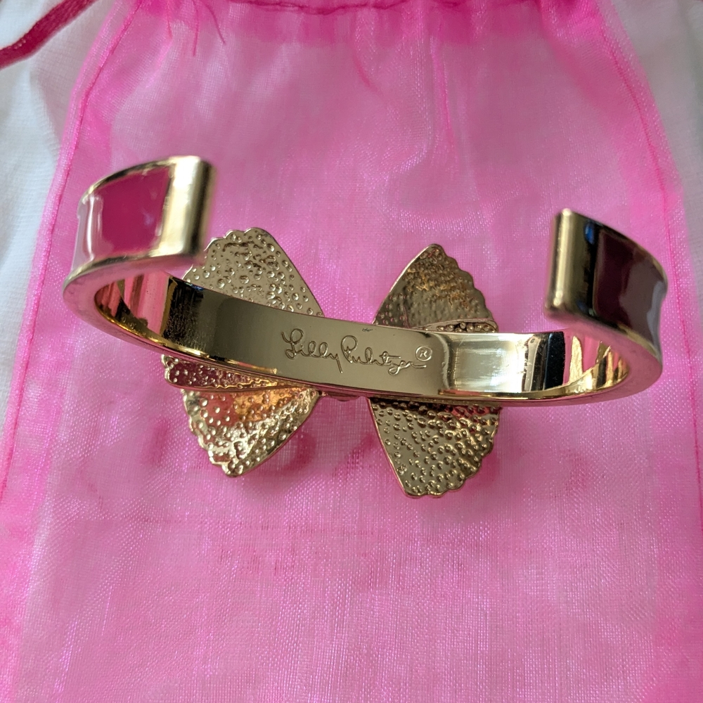Lilly Pulitzer Hot Pink Enamel Rhinestone BOW Cuff Bracelet.